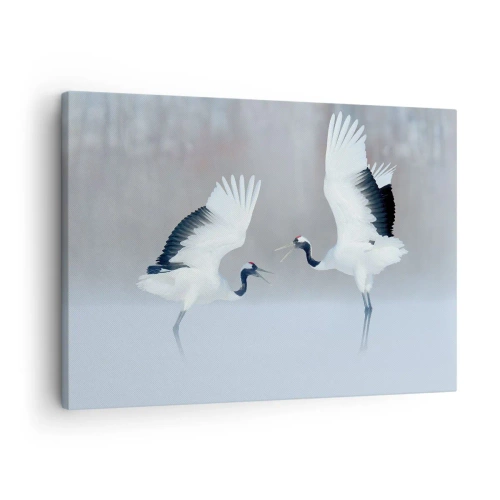 Lærredstryk - Billede på lærred - To traner danser i et tåget landskab - 70x50cm - Danser i tågen - Moderne vægdekoration til stue og soveværelse ARTTOR