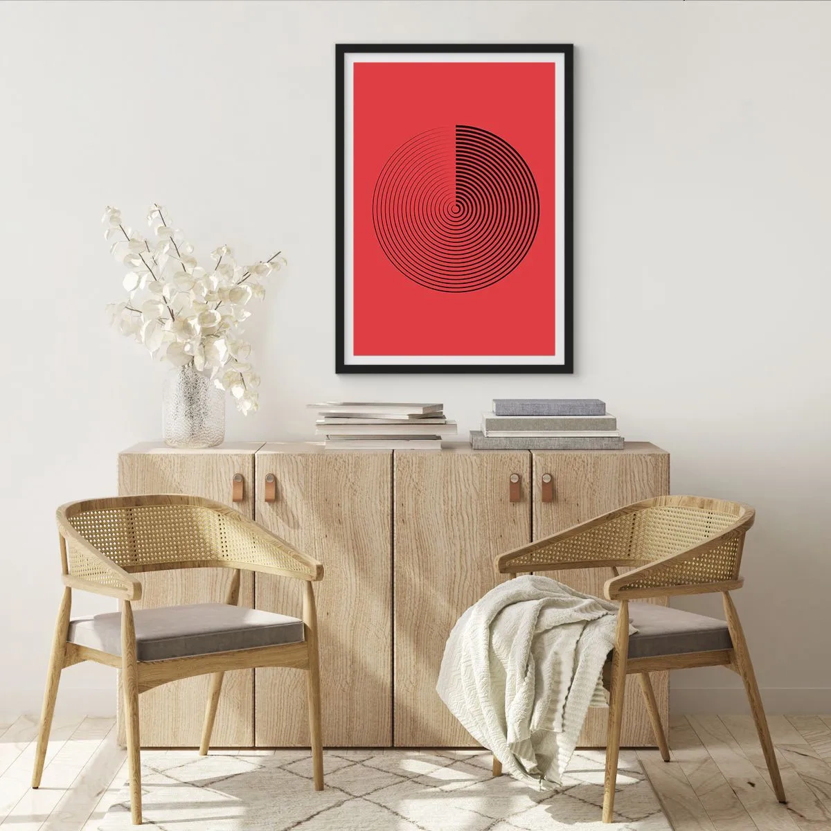 Plakat i sort ramme - Geometrisk spiral på en rød baggrund i minimalistisk stil - 50x70cm - Cirkulær bevægelse - Moderne vægdekoration til stue og soveværelse ARTTOR