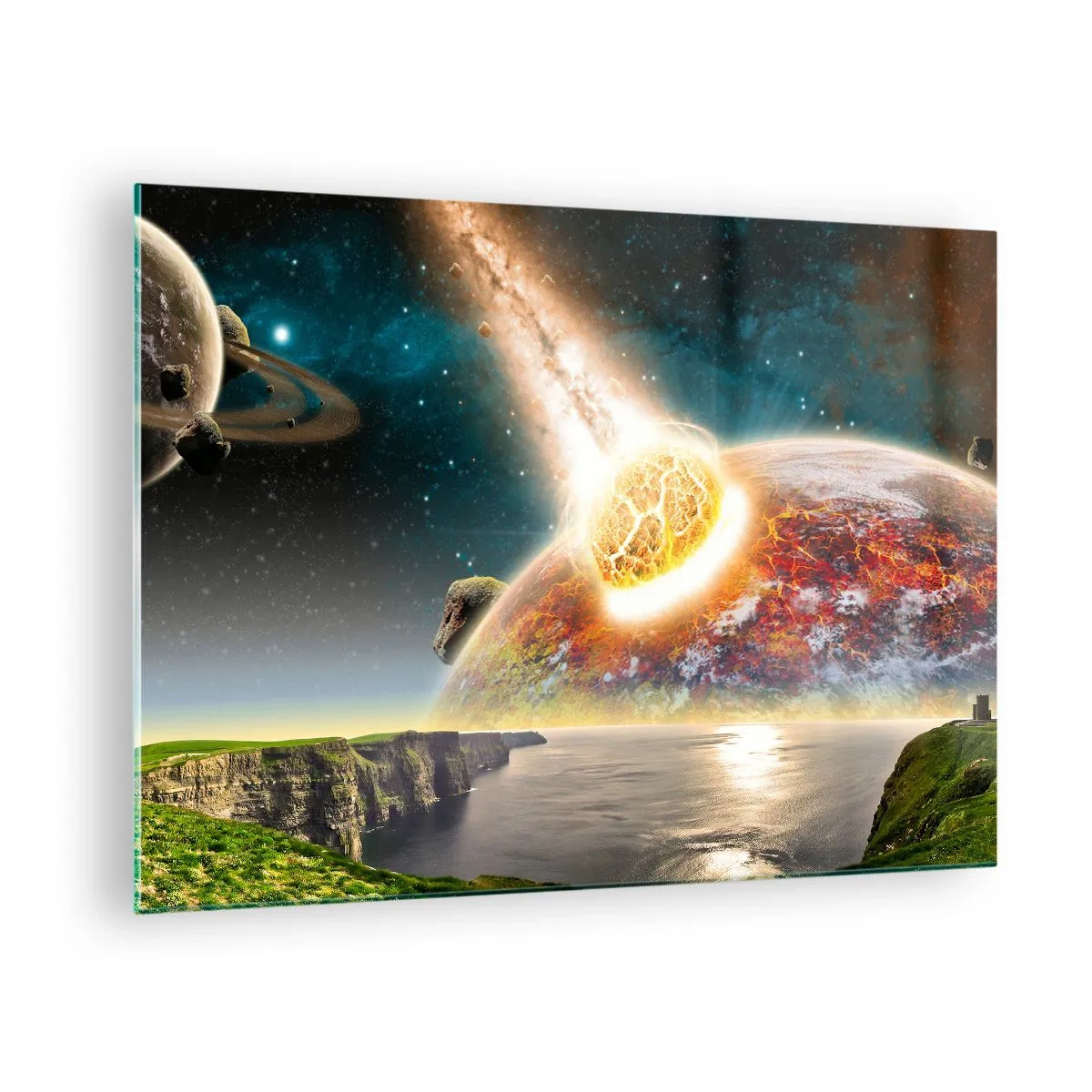 Billede på glas - En meteorit støder sammen med en planet i rummet. - 70x50cm - Kosmisk drama - Moderne vægdekoration til stue og soveværelse ARTTOR