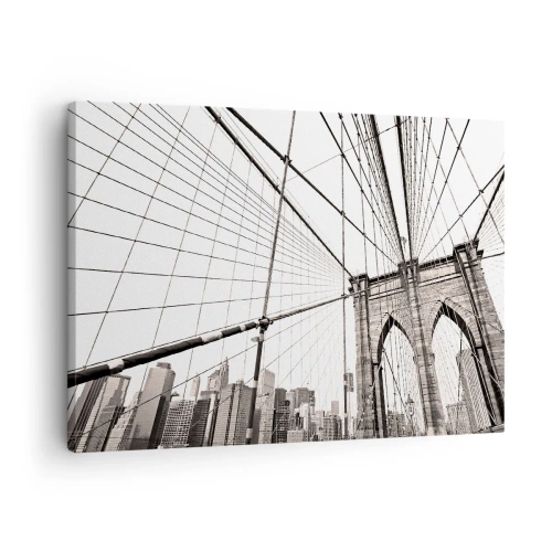 Lærredstryk - Billede på lærred - Brooklyn Bridge i monokrom - 70x50cm - Katedralen i New York - Moderne vægdekoration til stue og soveværelse ARTTOR