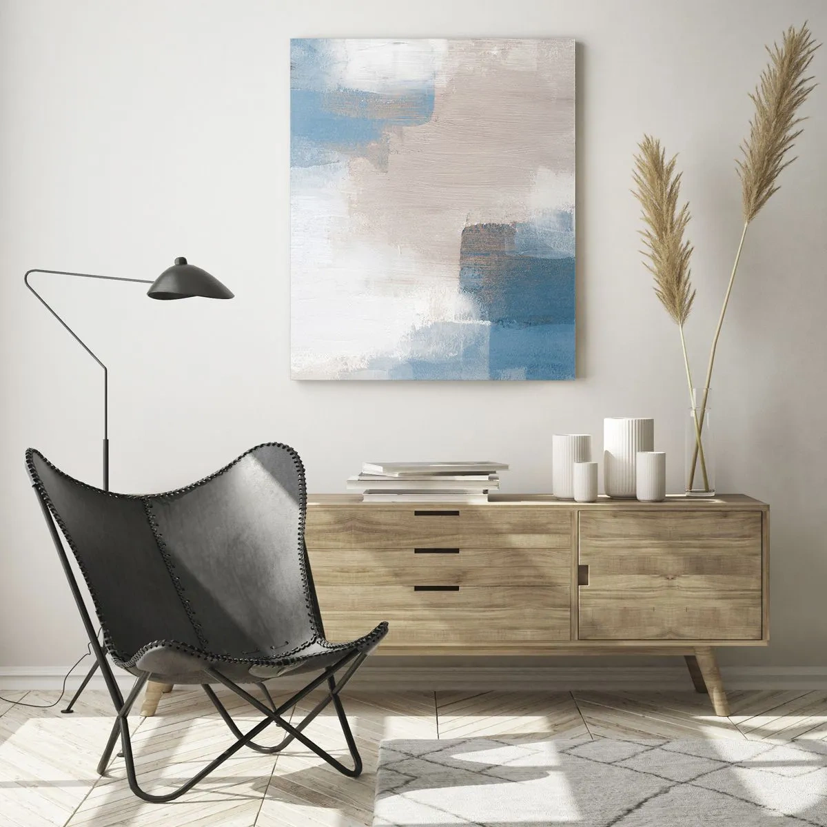 Billede på glas - Lyserød abstraktion bag et slør af blåt - 50x70 cm