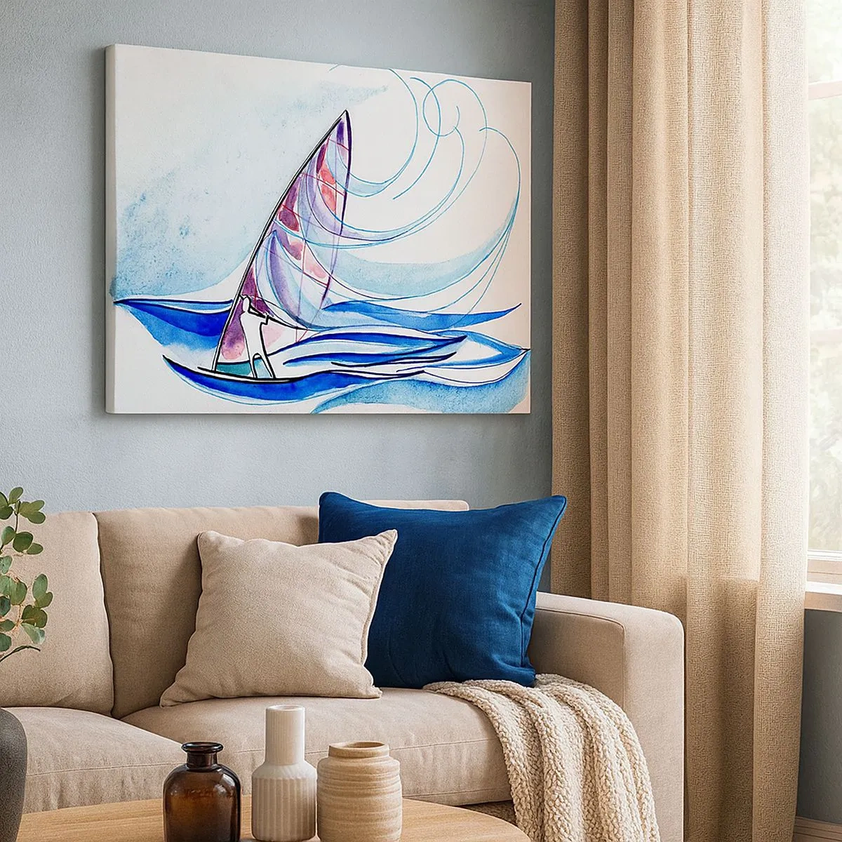 Lærredstryk - Billede på lærred - En surfer, der rider på bølgerne i en abstrakt akvarelkomposition - 70x50cm - Med vinden i bølgernes rytme - Moderne vægdekoration til stue og soveværelse ARTTOR
