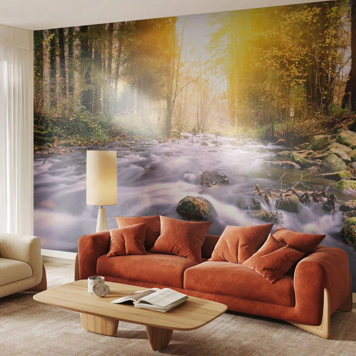 Fototapet Premium Canvas - Malachit i sølv- og guldfatning - Landskab, Bjergstrøm, Skov - 250x175 cm