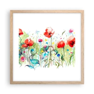 Plakat i ramme af lyst egetræ - En blomstrende eng i maj - 40x40 cm