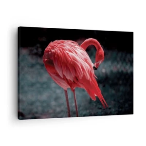 Lærredstryk - Billede på lærred - En lyserød flamingo på en mørkegrøn baggrund - 70x50cm - Et karmosinrødt naturdigt - Moderne vægdekoration til stue og soveværelse ARTTOR