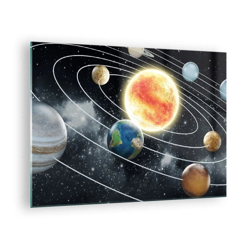 Billede på glas - Solsystemet med planeter og baner mod rummets baggrund - 70x50cm - Kosmisk dans - Moderne vægdekoration til stue og soveværelse ARTTOR