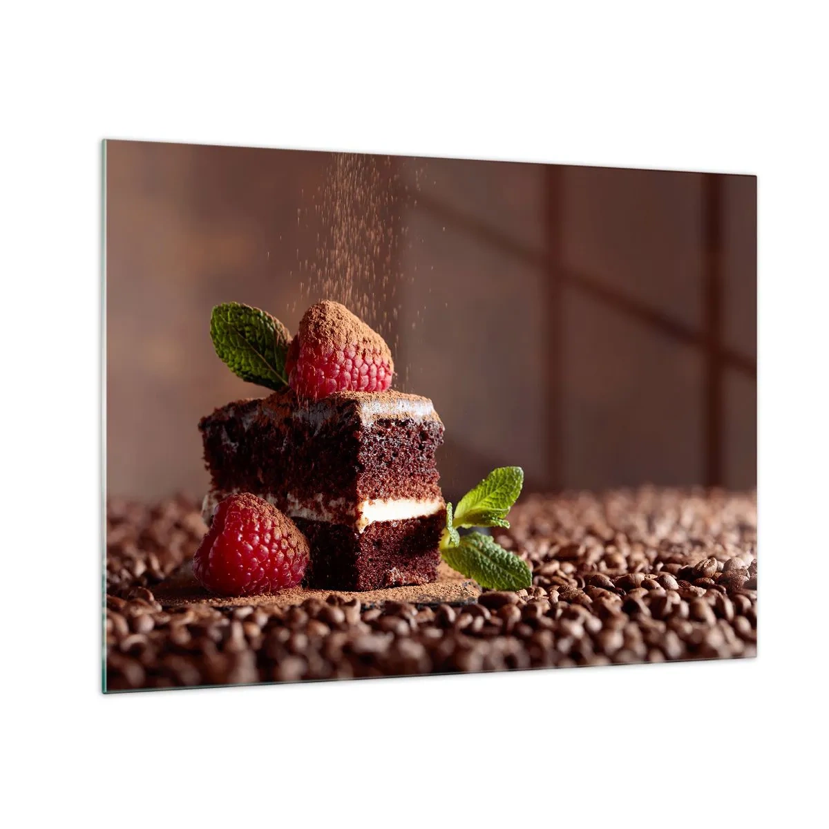 Billede på glas - Chokoladedessert med hindbær og mynteblade - 70x50cm - Livet er sødt - Moderne vægdekoration til stue og soveværelse ARTTOR