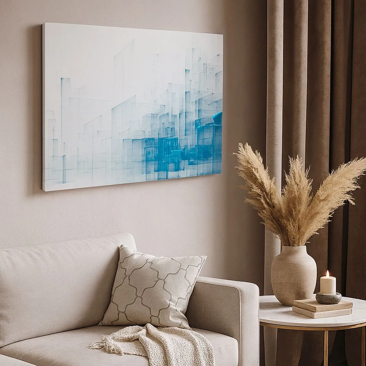 Lærredstryk - Billede på lærred - Abstrakte geometriske former i blå nuancer - 70x50cm - Hvordan rummet blev til - Moderne vægdekoration til stue og soveværelse ARTTOR