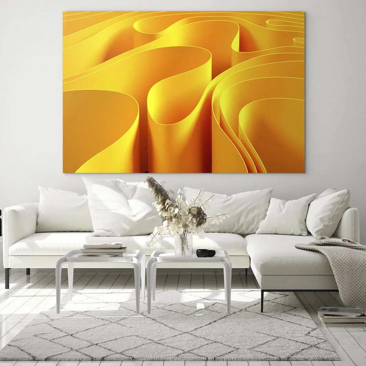 Billede på glas - Abstrakte bølger i nuancer af guld og orange - 70x50cm - Som solens bølger - Moderne vægdekoration til stue og soveværelse ARTTOR