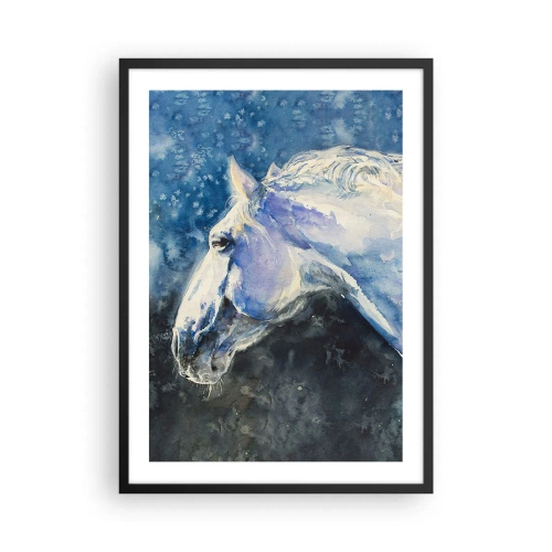 Plakat i sort ramme - Portræt af en hest i blå akvareltoner - 50x70cm - Portræt i et blåt skær - Moderne vægdekoration til stue og soveværelse ARTTOR
