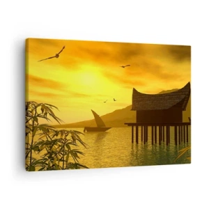 Lærredstryk - Billede på lærred - Tropisk solnedgang over vandet med træhus på pæle. - 70x50cm - Ønsket fred - Moderne vægdekoration til stue og soveværelse ARTTOR