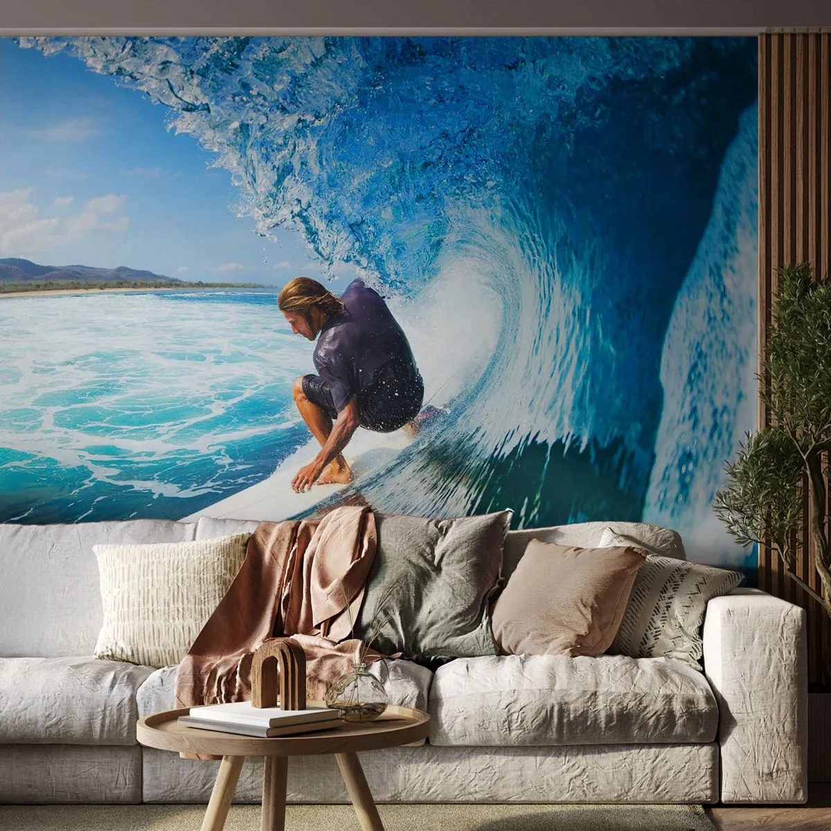 Fototapet Premium Sand - Danser med bølgerne - Sport, Surfing, Surfbræt - 100x70 cm