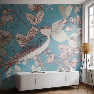 Fototapet Standard Eco - Stiliseret fugl blandt blomster på en blå baggrund - 100x70cm - I de hvide skove kvidrende og sølvfarvede - Moderne vægdekoration til stue og soveværelse ARTTOR