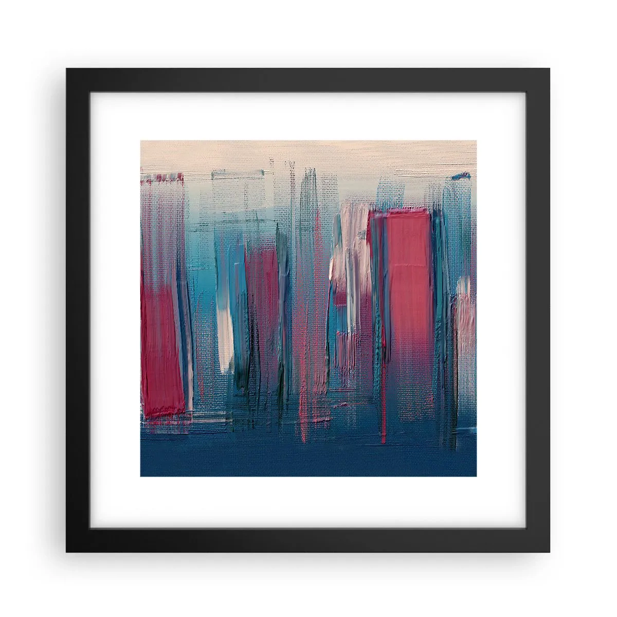 Plakat i sort ramme - Lodret komposition i blåt og rødt - 30x30 cm