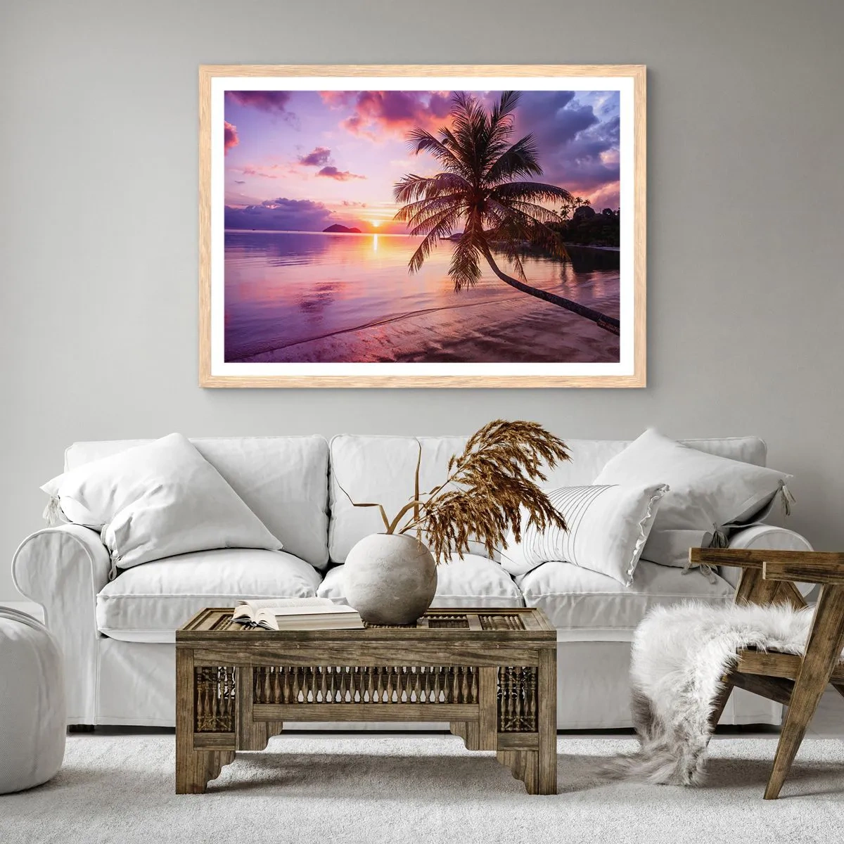 Plakat i ramme af lyst egetræ - Lyksalighed hele vejen til horisonten - 100x70 cm