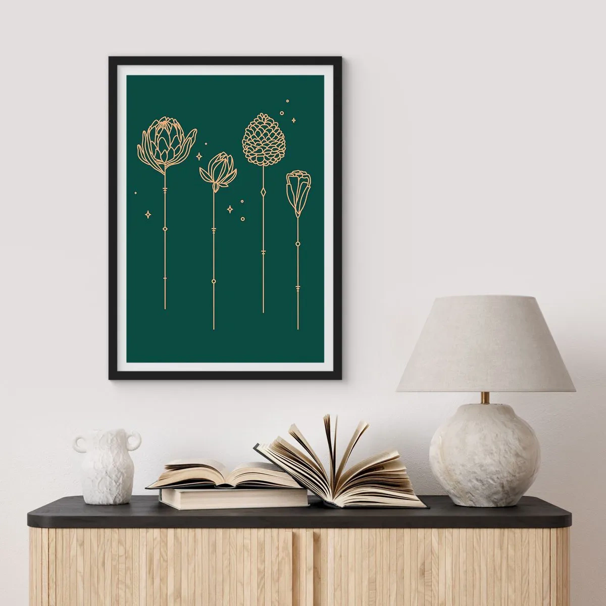 Plakat i sort ramme - Gyldne blomsterkonturer på en mørkegrøn baggrund - 50x70cm - Familien ZIÓŁkowski - Moderne vægdekoration til stue og soveværelse ARTTOR
