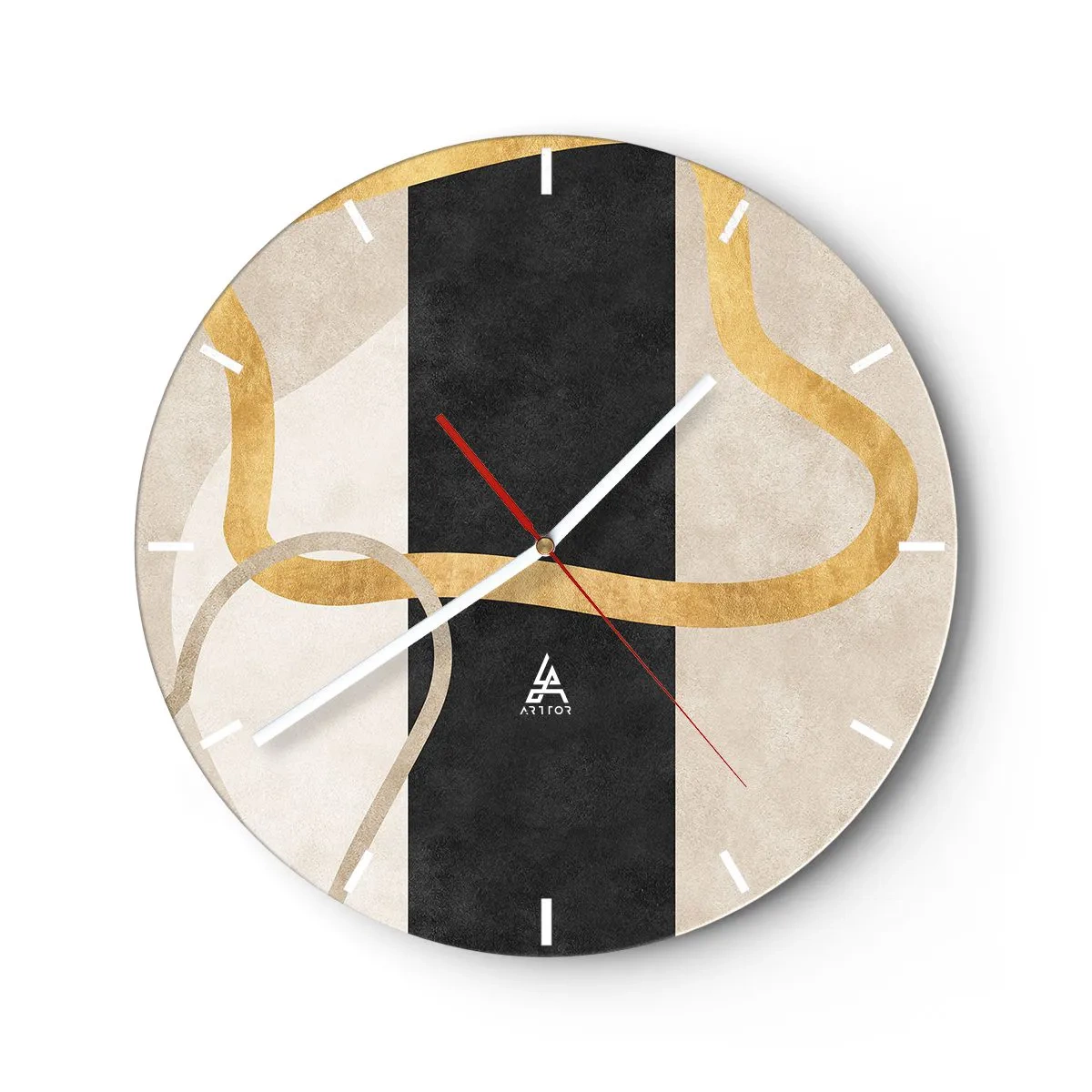 Vægur, Uret - Gyldne linjer mod en sort stribe og beige former - 30x30cm - Sløjfeformede former - Moderne vægdekoration til stue, køkken og soveværelse ARTTOR