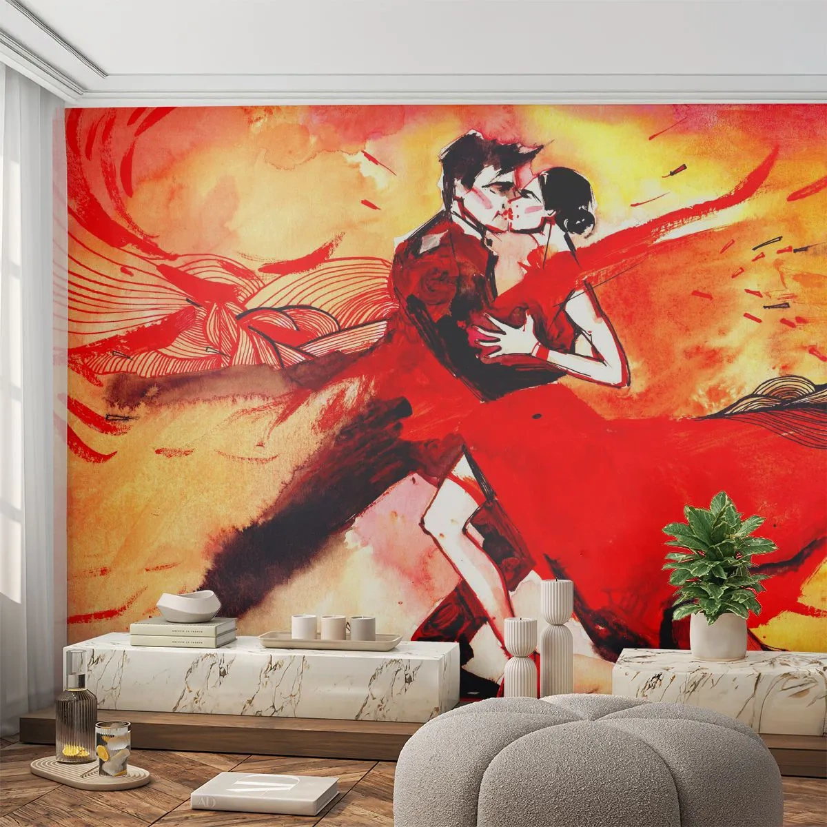 Fototapet Standard Eco - Dansere i rødt i en udtryksfuld dans fuld af lidenskab - 100x70cm - Lilla rytme af lidenskab - Moderne vægdekoration til stue og soveværelse ARTTOR