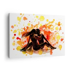 Lærredstryk - Billede på lærred - Et romantisk akvarelmaleri af to personer i varme farver. - 70x50cm - Og der var lys - Moderne vægdekoration til stue og soveværelse ARTTOR