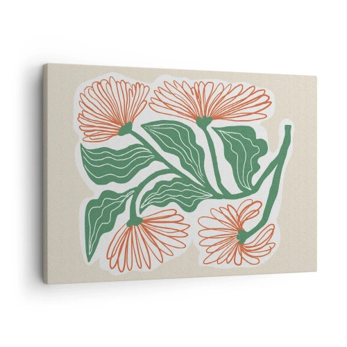 Lærredstryk - Billede på lærred - En tegning af blomster i minimalistisk stil med grønne blade - 70x50cm - Folkeligt og moderne - Moderne vægdekoration til stue og soveværelse ARTTOR