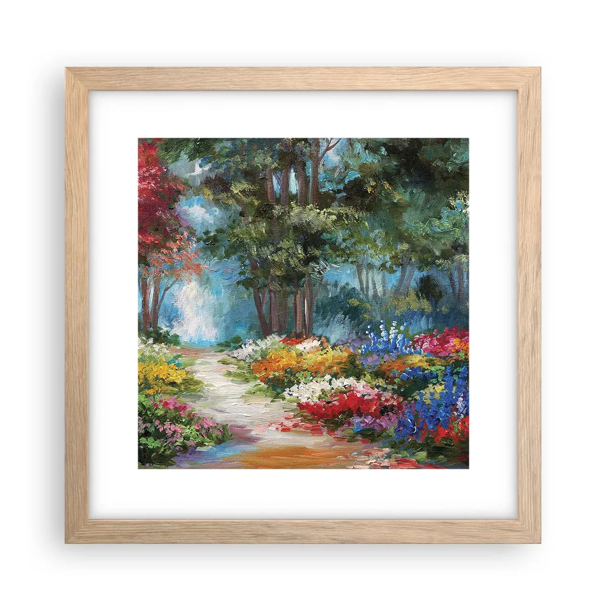 Plakat i ramme af lyst egetræ - Skovhave, blomsterskov - 30x30 cm