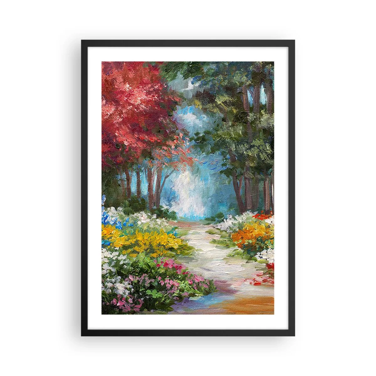 Plakat i sort ramme - En farverig skovhave fuld af blomster og træer - 50x70cm - Skovhave, blomsterskov - Moderne vægdekoration til stue og soveværelse ARTTOR