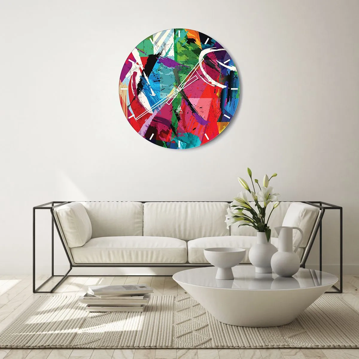 Vægur, Uret - Et abstrakt mønster med intense farver og dynamiske linjer. - 30x30cm - Hurtig, livlig og hoppende - Moderne vægdekoration til stue, køkken og soveværelse ARTTOR