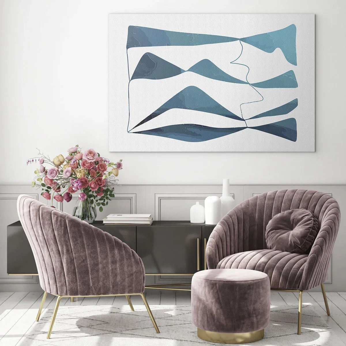 Billede på glas - Turkise bølger og former på en hvid baggrund - 70x50cm - Abstraktion: en turkis sammensætning - Moderne vægdekoration til stue og soveværelse ARTTOR