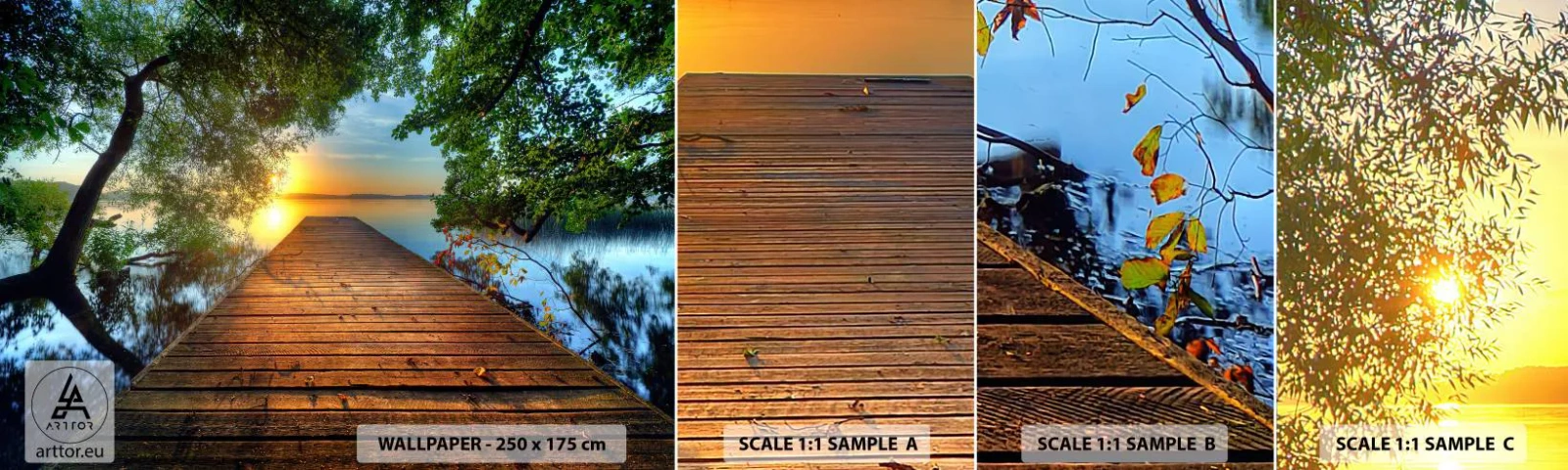 Fototapet Prøve Standard Eco - Tag dig god tid, sæt dig ned - Landskab, træbro, Sø - 100x30 cm