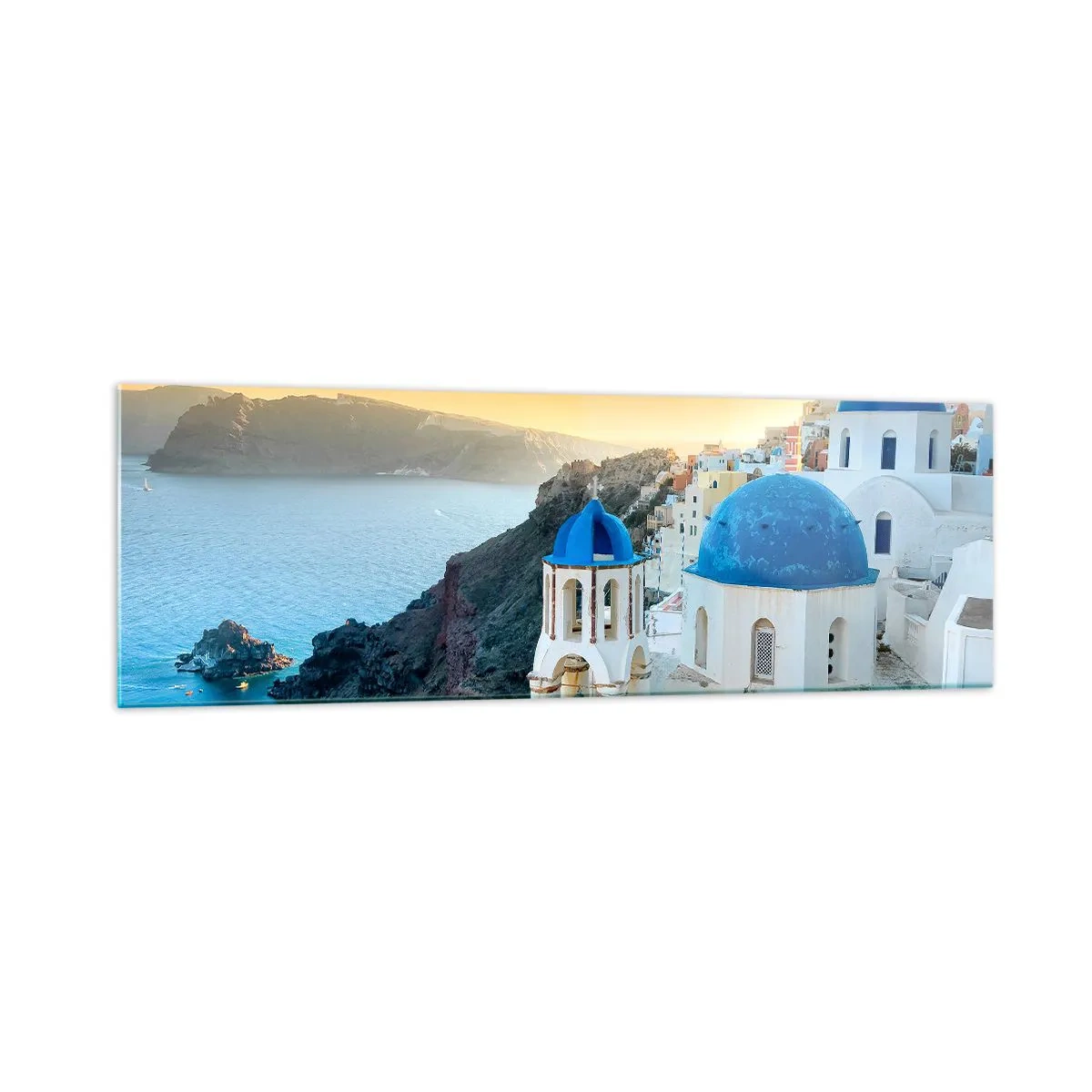 Billede på glas - Santorini - omfavnet af klipperne - 160x50 cm