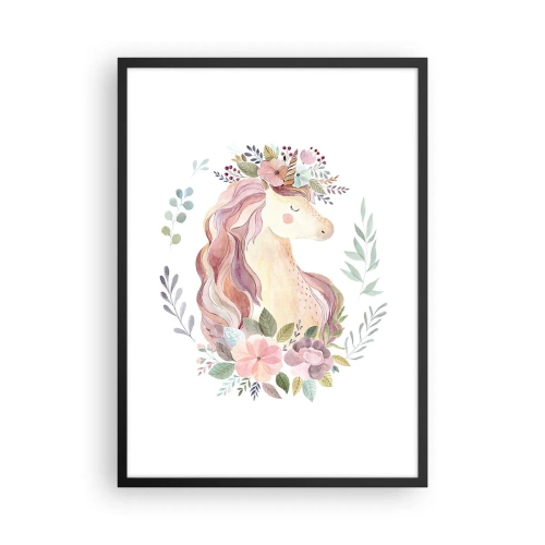 Plakat i sort ramme - En akvarel enhjørning omgivet af pastelblomster. - 50x70cm - En invitation til eventyrets verden - Moderne vægdekoration til stue og soveværelse ARTTOR