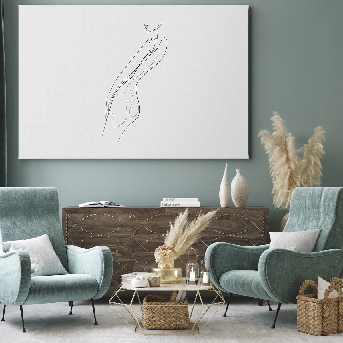 Lærredstryk - Billede på lærred - En minimalistisk linje, der viser en silhuet mod en lys baggrund - 70x50cm - Næppe et løfte - Moderne vægdekoration til stue og soveværelse ARTTOR