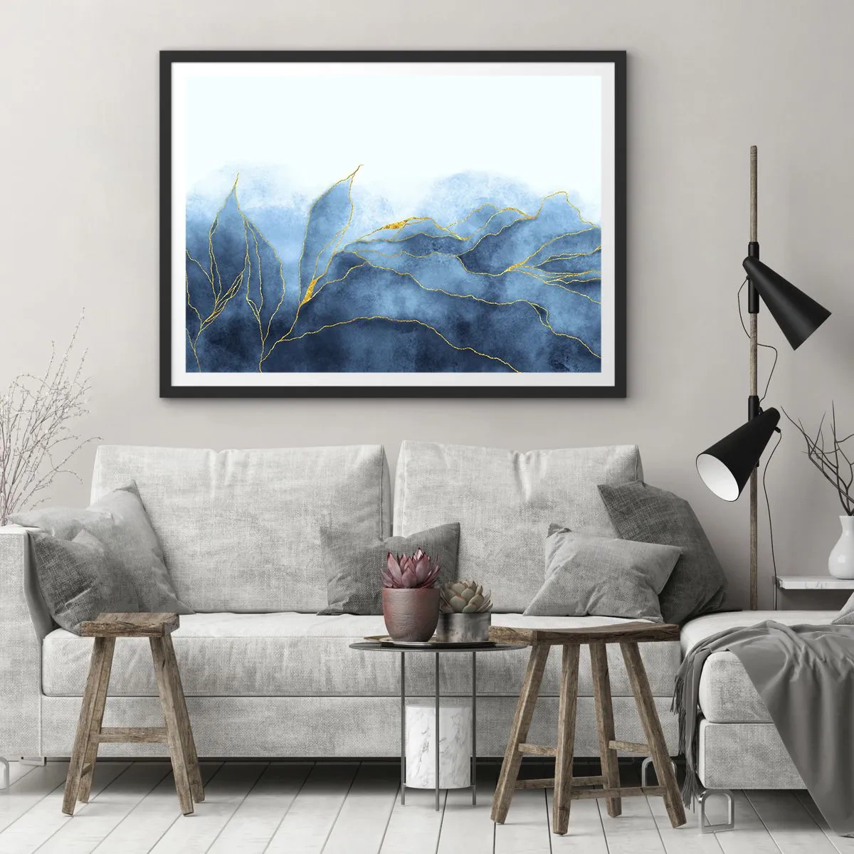 Plakat i sort ramme - Blå i guld - 70x50 cm