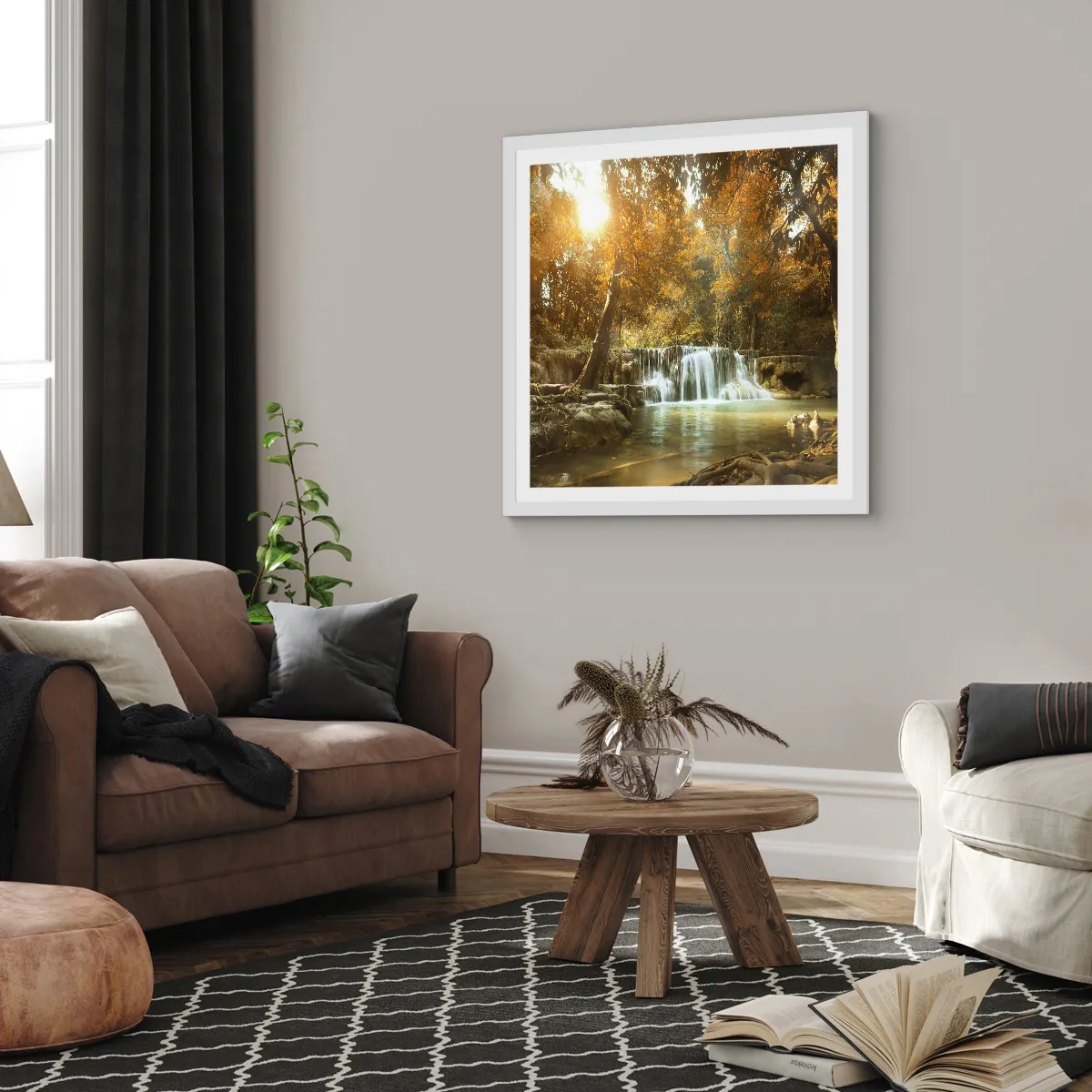 Plakat i hvid ramme - Kaskade i parken - 30x30 cm