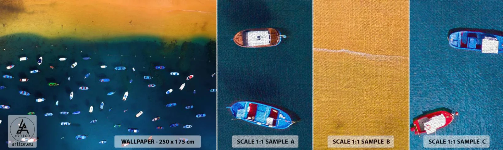 Prøve Fototapet Premium Canvas - En ferieleg - Både, Strand, Kyst - 100x30 cm