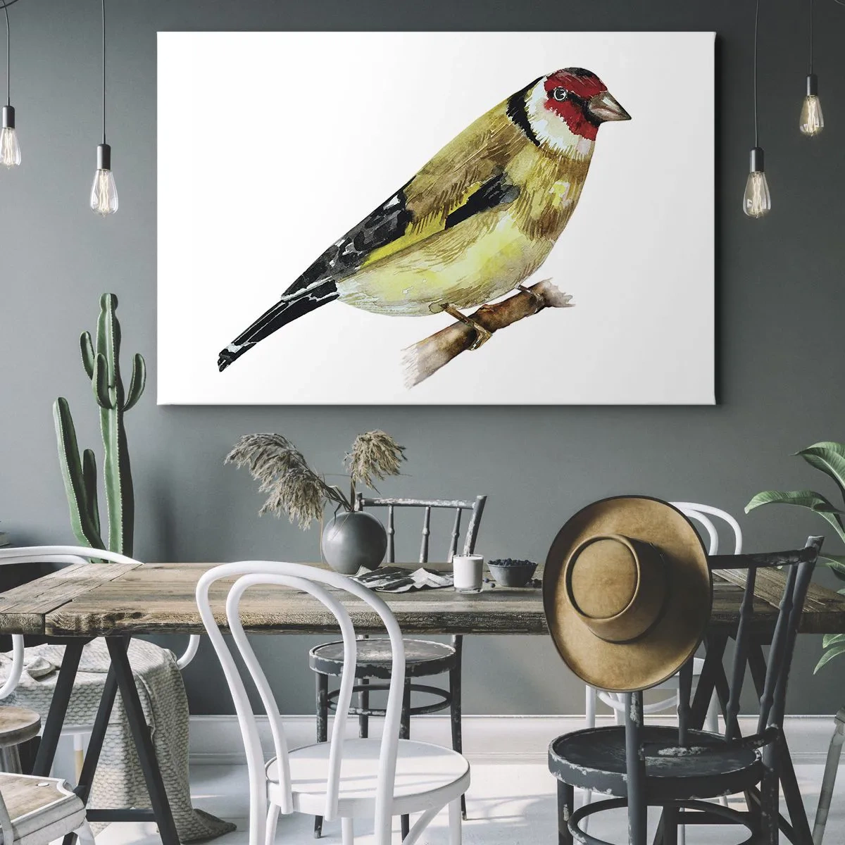 Lærredstryk - Billede på lærred - En fugl med et rødt hoved på en gren - 70x50cm - Portræt af en fugl - Moderne vægdekoration til stue og soveværelse ARTTOR