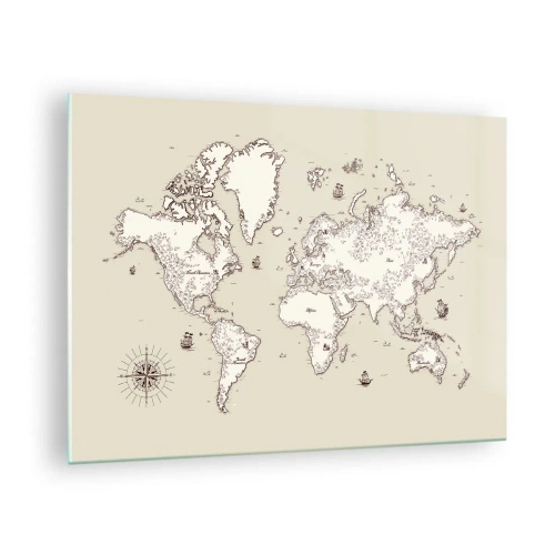 Billede på glas - Et stiliseret verdenskort i en klassisk version - 70x50cm - En rejse rundt om i verden - Moderne vægdekoration til stue og soveværelse ARTTOR