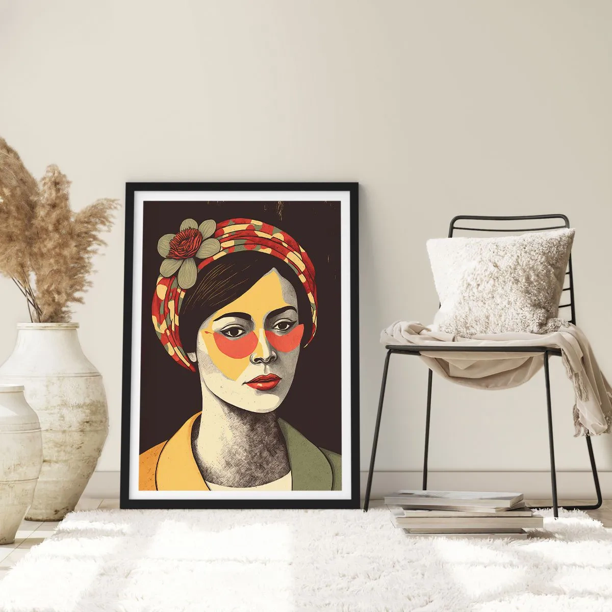 Plakat i sort ramme - Stiliseret portræt af en kvinde i turban med blomsterprint - 50x70cm - Koraldame - Moderne vægdekoration til stue og soveværelse ARTTOR