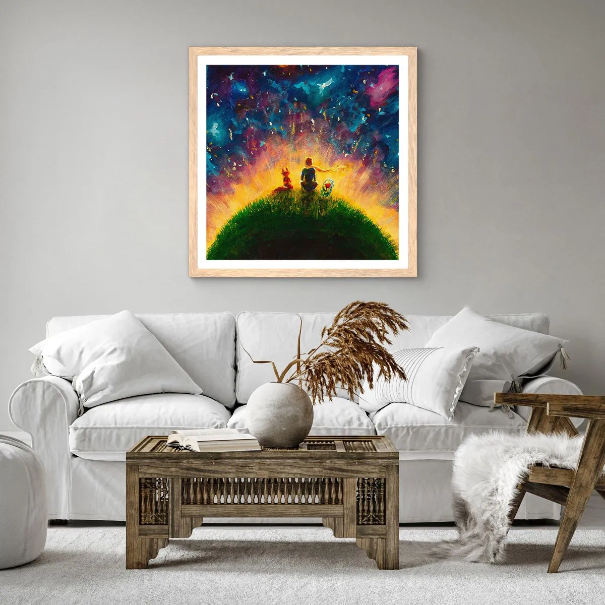Plakat i ramme af lyst egetræ - Kærlighed og venskab - hele verden - 40x40 cm