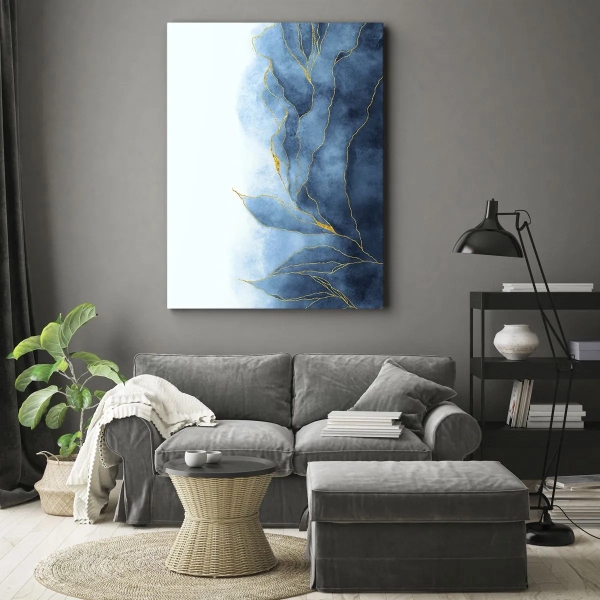 Lærredstryk - Billede på lærred - Blå i guld - 50x70 cm