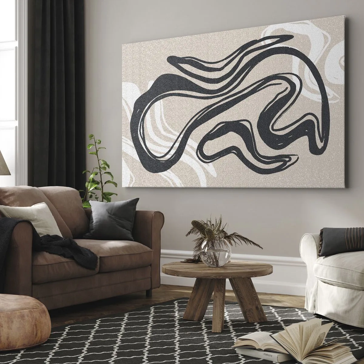 Lærredstryk - Billede på lærred - Abstrakte linjer i mørke nuancer på en beige baggrund - 70x50cm - Multipliceret udtryk - Moderne vægdekoration til stue og soveværelse ARTTOR