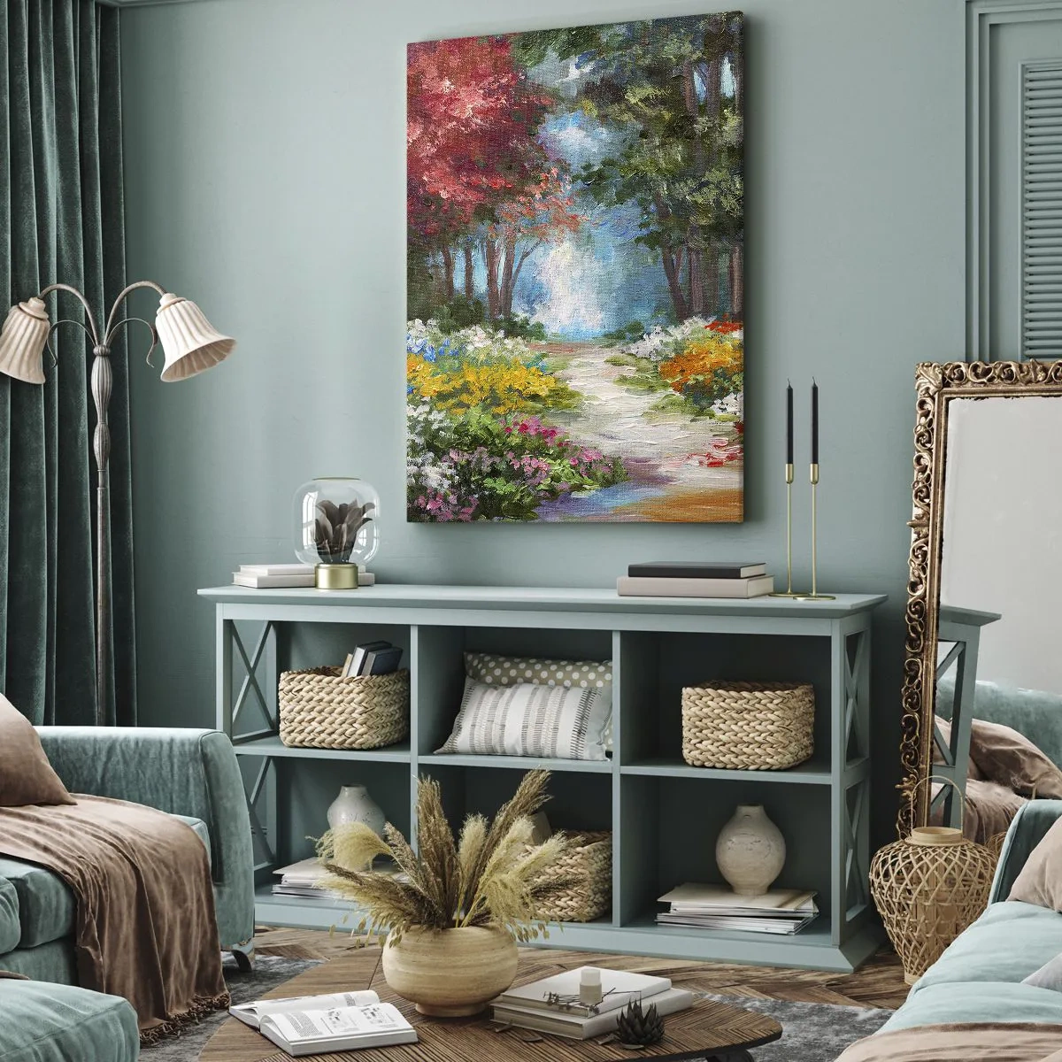 Lærredstryk - Billede på lærred - Skovhave, blomsterskov - 45x80 cm