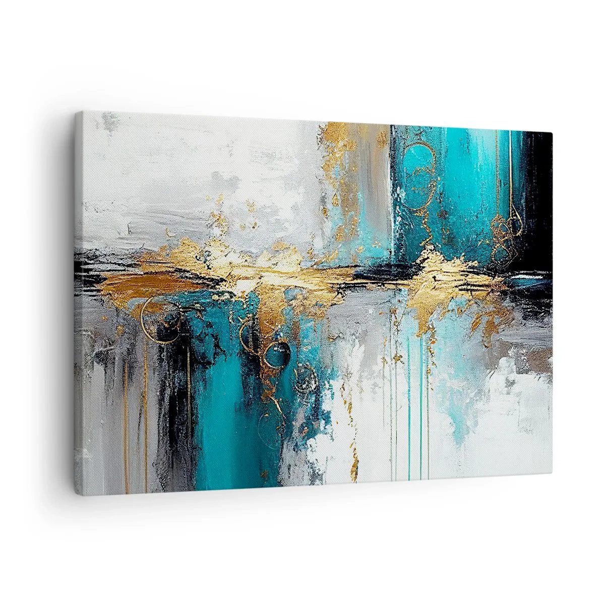 Lærredstryk - Billede på lærred - En abstrakt komposition med turkis og guld accenter. - 70x50cm - Alting flyder - Moderne vægdekoration til stue og soveværelse ARTTOR