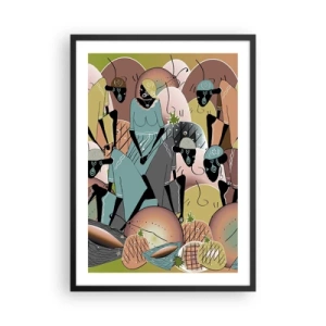 Plakat i sort ramme - En stiliseret komposition af afrikanske figurer med pastelfarvet frugt. - 50x70cm - Den store fejring er på vej - Moderne vægdekoration til stue og soveværelse ARTTOR