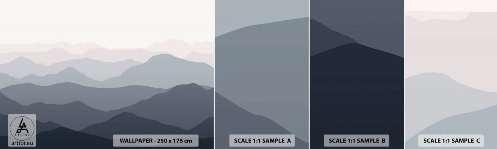 Prøve Fototapet Selvklæbende Deluxe Sticker - Bølger af bjerge - Abstraktion, Grafik, Bjerge - 100x30 cm