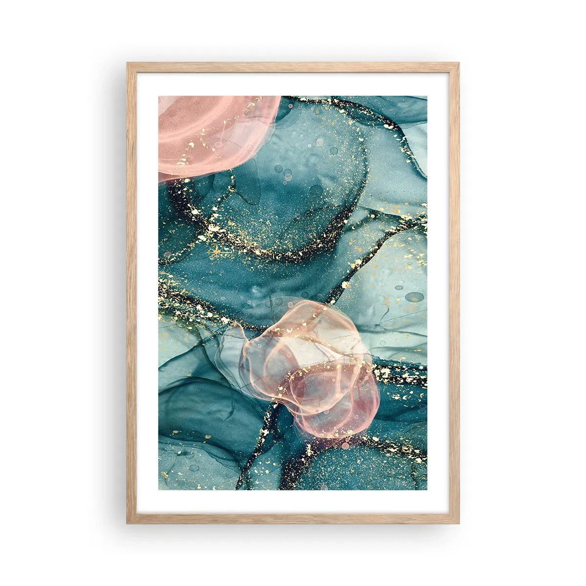 Plakat i ramme af lyst egetræ - Silkeblå, tyl lyserød - 50x70 cm