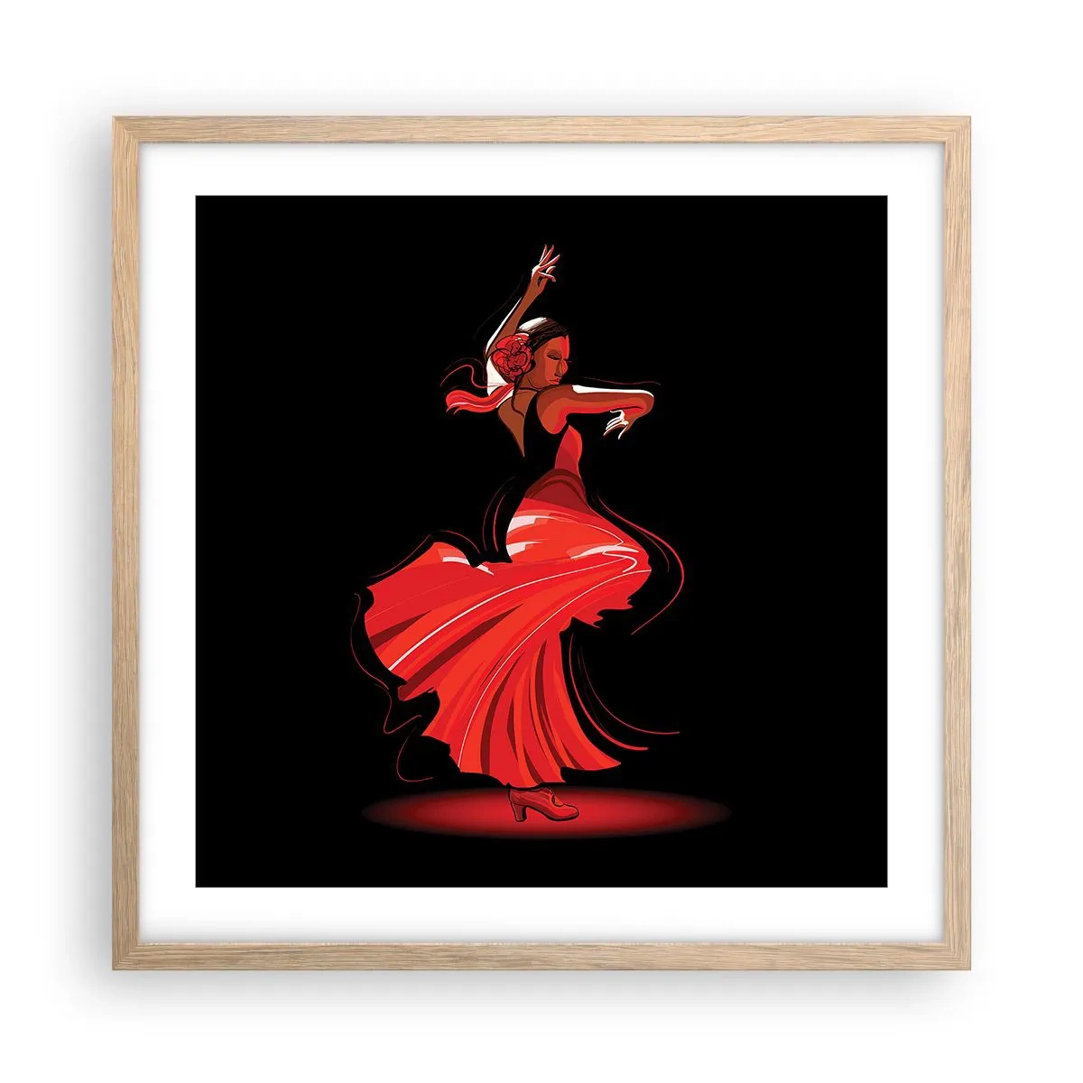 Plakat i ramme af lyst egetræ - Flamencoens brændende ånd - 50x50 cm