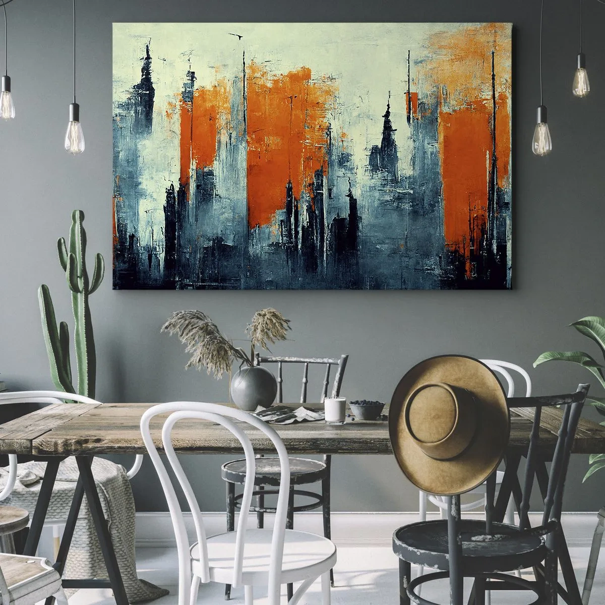 Lærredstryk - Billede på lærred - Abstrakt bybillede i orange og blå nuancer - 70x50cm - Moderne landskab - Moderne vægdekoration til stue og soveværelse ARTTOR