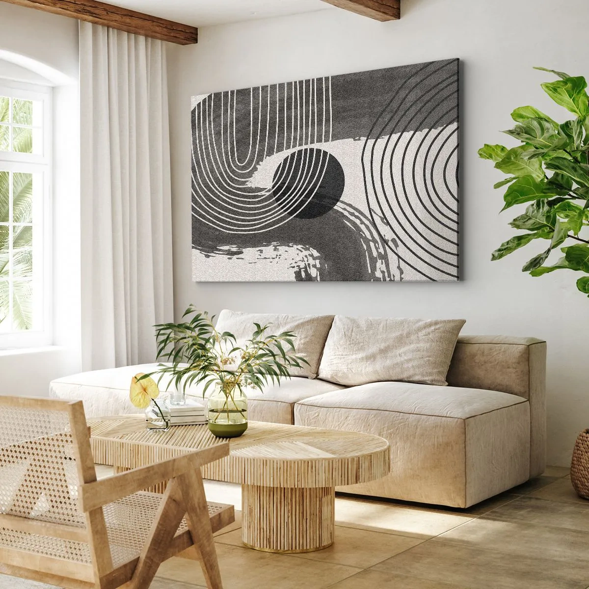 Lærredstryk - Billede på lærred - Geometriske linjer og ovaler i monokromatiske nuancer - 70x50cm - Oval vinder - Moderne vægdekoration til stue og soveværelse ARTTOR