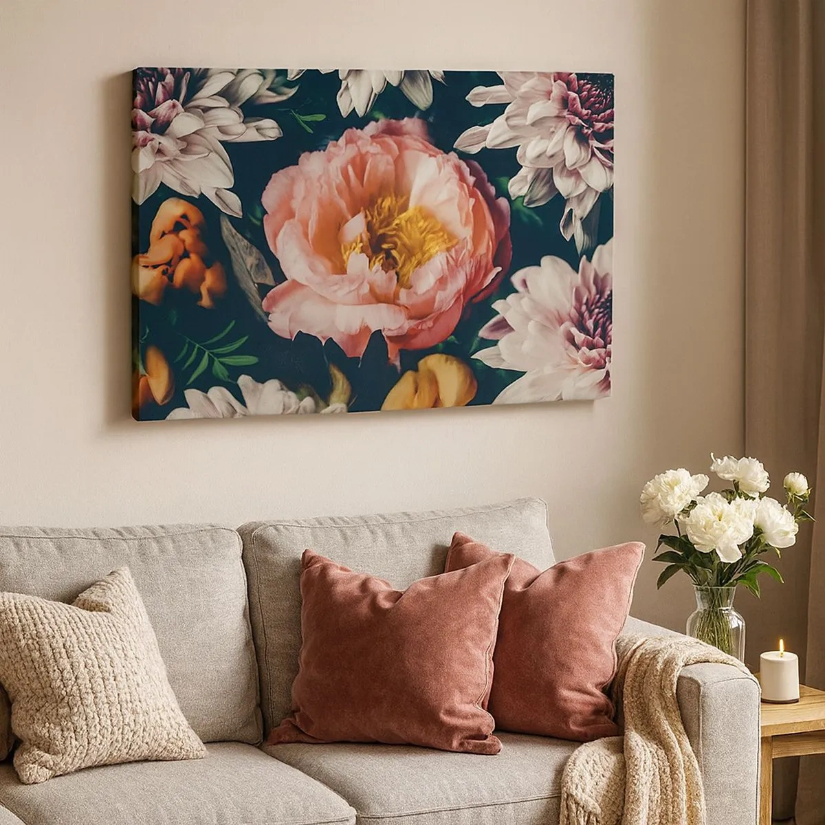 Lærredstryk - Billede på lærred - Blomsterarrangement med pæon og krysantemum på en mørk baggrund - 70x50cm - Med barok pragt - Moderne vægdekoration til stue og soveværelse ARTTOR